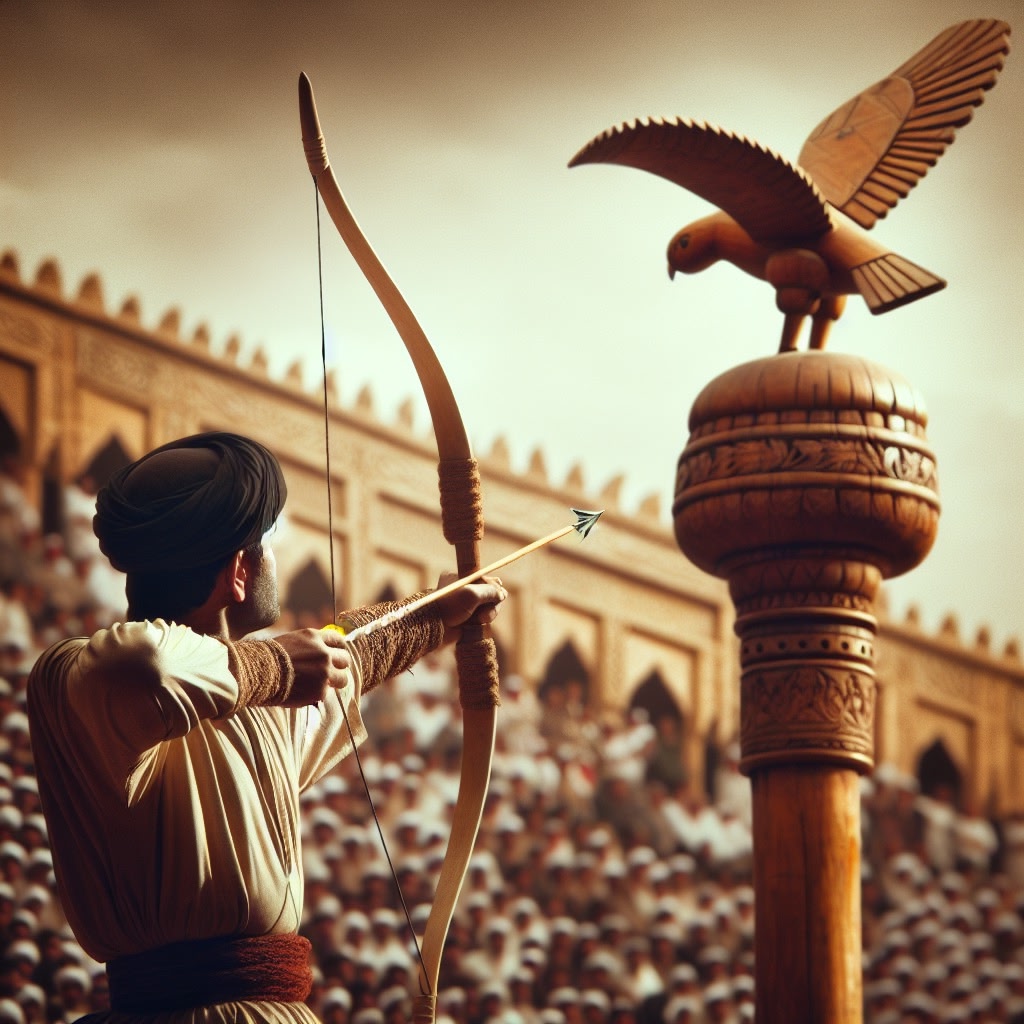 A skilled archer, dressed in traditional attire, is poised to shoot an arrow from a bow. The archer is aiming at a decorative pole topped with a carved eagle, symbolizing a target. In the background, a large crowd is visible, watching intently. The setting has an ancient, historical ambiance, with ornate architecture and a warm, golden light illuminating the scene.